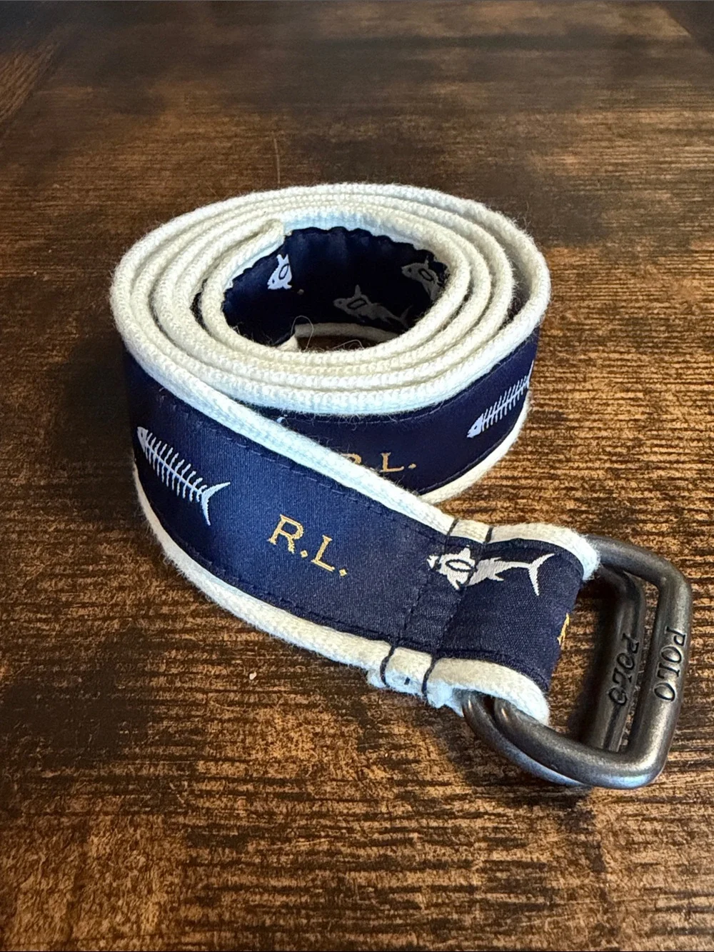 Polo by Ralph Lauren Navy Fish Embroidered Web Belt with White Trim